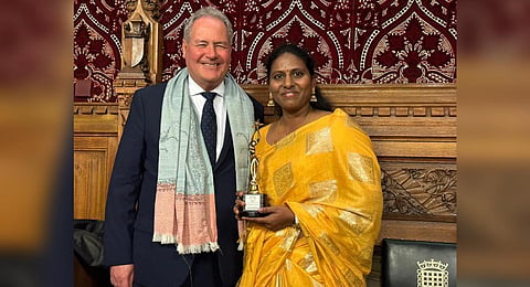 42-year-old Padmavathi receiving the 'She Inspires Women Award 2023' in the Bright Artist category at Westminster's Parliament Bhavan in London.