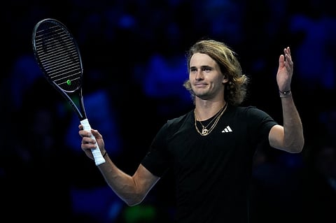 Germany's Alexander Zverev celebrates after winning the singles tennis match against Spain's Carlos Alcaraz on Monday, November 13, 2023. (Photo | AP)