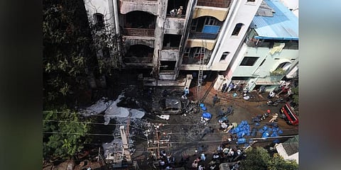 Fire broke out in a chemical warehouse at Bazar Ghat in Hyderabad. (Photo | Sri Loganathan Velmurugan, EPS)