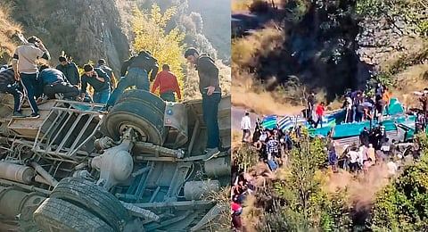 Rescue operation underway after a bus carrying passengers fell into a gorge, in Doda district of Jammu & Kashmir, on Nov. 15, 2023. (PTI)