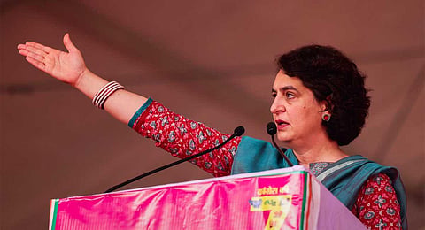 Congress general secretary Priyanka Gandhi addresses a public meeting ahead of the Rajasthan Assembly election, in Sagwara, Rajasthan. (PTI)