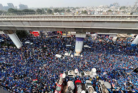 Fans arrive at the Narendra Modi Stadium to watch the ICC Men's Cricket World Cup 2023 final between India and Australia, in Ahmedabad, Sunday, Nov. 19, 2023. (Photo | PTI)