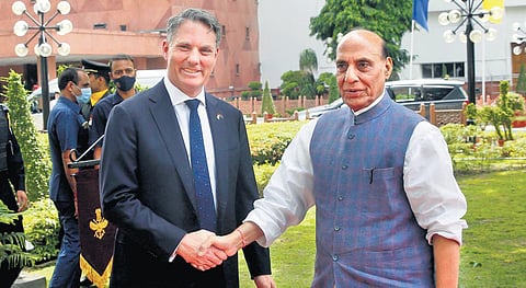Rajnath Singh with Australian Deputy PM and Defence Minister Richard Marles in Delhi (File photo | Shekhar Yadav)