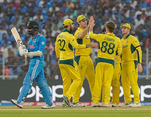 Australia's Adam Zampa with teammates celebrates the wicket of Jasprit Bumrah during the ICC Mens Cricket World Cup 2023 | PTI