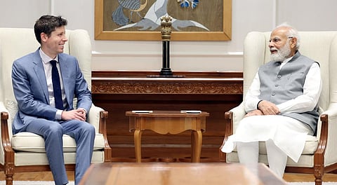 Sam Altman seen with Prime Minister Narendra Modi in New Delhi during his visit to India. (Photo | Twitter)