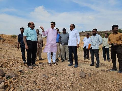 Finance Minister Buggana Rajendranath Reddy was inspecting a site where National Law University will be constructed at Jagannath Gattu in Kurnool city outskirts on Sunday. (Photo | Express)