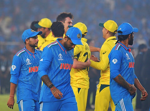 India's Kuldeep Yadav, Suryakumar Yadav and Ravindra Jadeja after Australia beat India in the ICC Cricket World Cup final on Sunday, November 19, 2023. (Photo | Shiba Prasad Sahu)