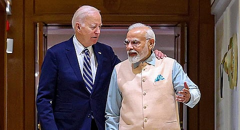 FILE: Prime Minister Narendra Modi with US President Joe Biden, in New Delhi. (Photo | PTI)