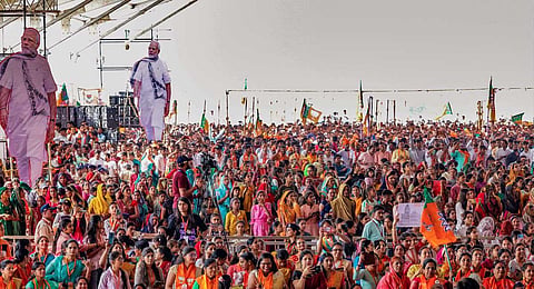 upporters during a public meeting addressed by Prime Minister Narendra Modi ahead of the Madhya Pradesh Assembly election, in Shajapur, Tuesday, Nov. 14, 2023. (PTI)