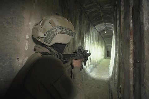 Israeli soldiers show the media an underground tunnel found underneath Shifa Hospital in Gaza City, Wednesday, Nov. 22, 2023. (Photo | AP)