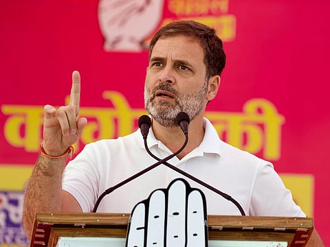 Congress leader Rahul Gandhi addresses a public meeting at Nadbai, in Bharatpur district. (Photo | PTI)