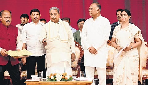 CM Siddaramaiah, Health and Family Welfare Minister Dinesh Gundu Rao and Women and Laxmi Hebbalkar launch the Anaemia Mukt Poushtika Karnataka Action Plan. | Nagaraja Gadekal
