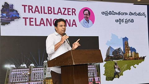 BRS working president KT Rama Rao makes a point during his hour-long presentation titled 'Trailblazer Telangana' in Hyderabad on Thursday. (Photo | EPS)