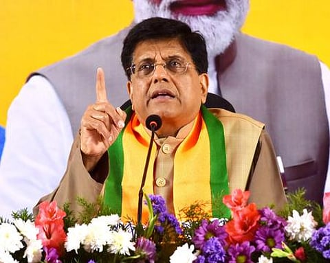Union Commerce Minister Piyush Goyal addressing media during a press conference in Hyderabad, Nov 24, 2023. (Photo | EPS)