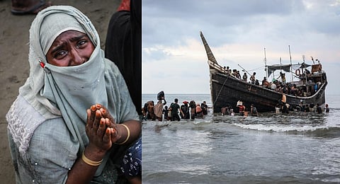 FILE - (L) A Newly arrived Rohingya refugee cries on the beach Rohingya; (R) refugees return to a boat in Ulee Madon, Aceh province, Indonesia, on November 16, 2023. (Photo | AFP)