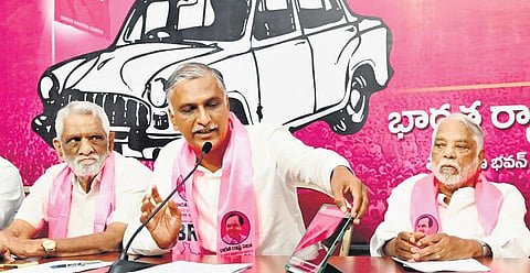 Finance and Health Minister T Harish Rao at a press conference in Hyderabad on Monday. (Photo | Express)