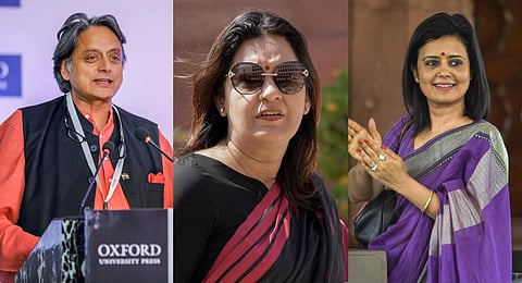 (L-R) A collage of Congress leader Shashi Tharoor, Shiv Sena (UBT) leader Priyanka Chaturvedi and TMC leader Mahua Moitra. (Photos | PTI)