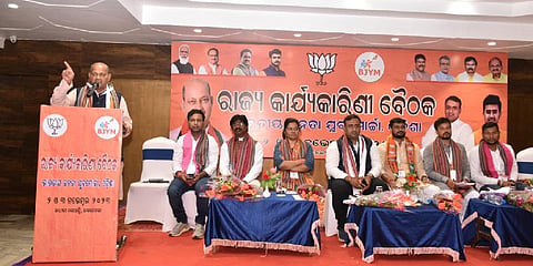 State BJP president Manmohan Samal addressing the BJYM meeting | Express