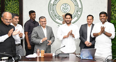 Andhra CM YS Jagan Mohan Reddy on Wednesday laid the foundation stone for four industries and inaugurated another five industries virtually from his camp office. (Express)