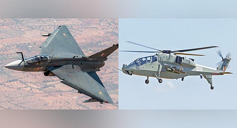 A collage of Indigenously developed Tejas Mk-1A Light Combat Aircraft (L) and Prachand Light Combat Helicopters developed by HAL. (Photo | Ministry of Defence)