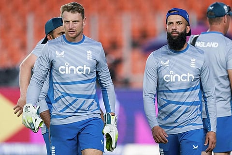 Is it the end? Jos Butler and Moeen Ali during a practice session ahead of their ICC Men's Cricket World Cup match against New Zealand in Ahmedabad, Oct 4, 2023. (Photo | AP)