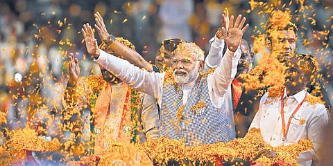 Prime Minister Narendra Modi reaches the venue of the BC Aatma Gourava Sabha in Hyderabad on Tuesday | Sri Loganathan Velmurugan