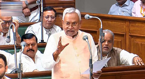 Bihar Chief Minister Nitish Kumar speaks during the Winter session of the Legislative Assembly, in Patna, Tuesday, Nov. 7, 2023. (PTI)