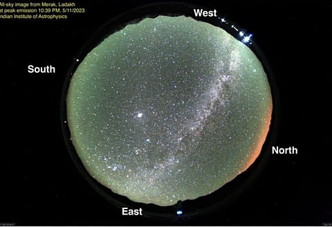 An intense red-coloured rare aurora captured at Indian Astronomical Observatory in Hanle, Ladakh, on November 5 at 10.39 pm. ( Express)