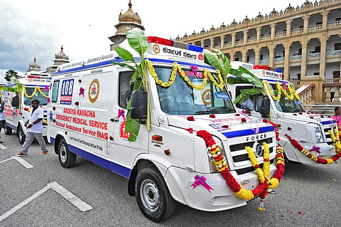 The newly launched ambulances outside the Vidhana Soudha in Bengaluru on Thursday. (Photo | Nagaraja Gadekal)