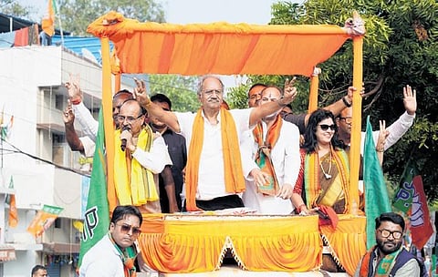BJP leader Brijmohan Agrawal during the poll campaign | express