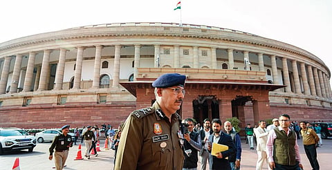 Delhi Police Commissioner Sanjay Arora at Parliament. (Inside) A shoe recovered from the site of attack, suspected to belong to one of the accused.