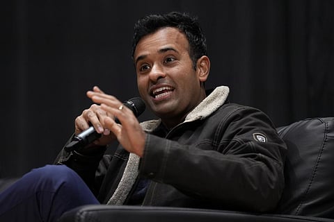 FILE - Republican presidential candidate businessman Vivek Ramaswamy speaks at a campaign event in Sioux Center, Iowa, Saturday, Dec. 9, 2023, (AP Photo)