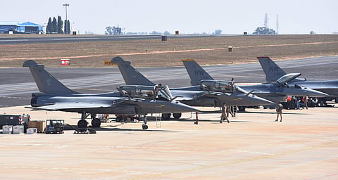 FILE - In this April, 2020 image, Rafale jets during full dress rehearsal for Airshow 2019 at Yelahanka Airforce station in Bengaluru. (Photo| Vinod Kumar/ EPS)