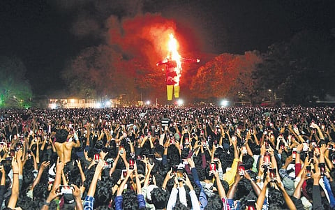 A glimpse of the massive crowd that came to witness the burning of great pappanji effigy in Fort Kochi on last New Year’s Eve. (Photo | T P Sooraj, EPS)