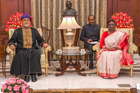 President Droupadi Murmu with Sultan of Oman Haitham Bin Tarik, at Rashtrapati Bhavan in New Delhi on Saturday, December 16, 2023. (Photo | PTI)