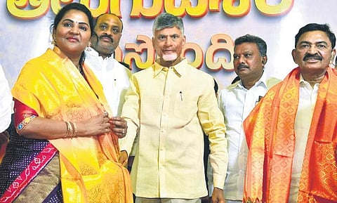 Suspended YSRC MLAs Mekapati Chandrasekhar Reddy and Undavalli Sridevi join TDP in the presence of party supremo N Chandrababu Naidu on Friday I Express