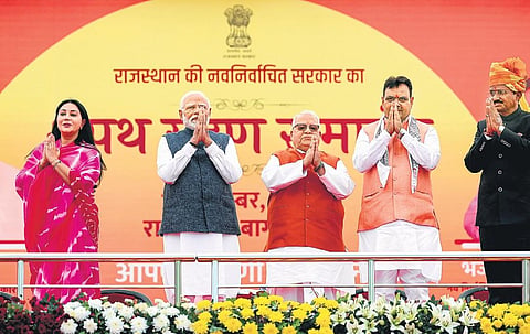 PM Narendra Modi with Rajasthan Governor Kalraj Mishra, CM-designate Bhajan Lal Sharma during the swearing-in ceremony in Jaipur on Friday | pti