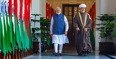 Prime Minister Narendra Modi and Sultan of Oman Haitham Bin Tariq before their meeting at the Hyderabad House, in New Delhi on Saturday, December 16, 2023. (Photo | PTI)