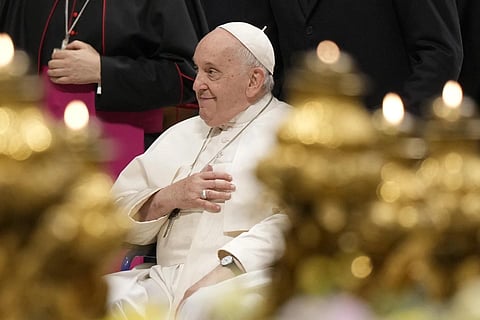 Pope Francis arrives for leading a prayer for peace inside St. Peter's Basilica, at the Vatican, Friday, Oct 27, 2023. (File Photo | AP)