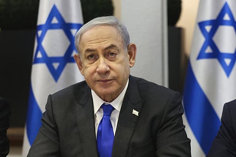 Israeli Prime Minister Benjamin Netanyahu chairs a cabinet meeting at the Kirya, which houses the Israeli Ministry of Defence, in Tel Aviv, Israel, Sunday, Dec. 17, 2023. (AP Photo)