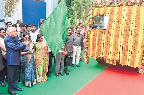 Governor S Abdul Nazeer flags off the Vikasit Bharat Sankalp Yatra in Tirupati on Monday. (Photo | Madhav K, EPS)
