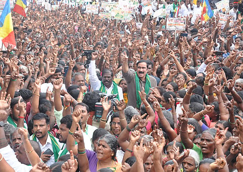 PMK partymen led by Anbumani Ramadoss conducted a protest demanding implementation of Cauvery Surplus Water Scheme in Dharmapuri. | Express