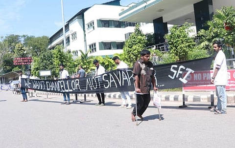 SFI activists protesting against Governor Arif Mohammad Khan who came at Government Dantal College in Thiruvananthapuram on Tuesday. (Photo | BP Deepu, EPS)