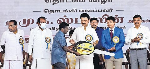 Chief Minister MK Stalin at the ceremony held for laying the foundation stone for Semmozhi Poonga at Gandhipuram in Coimbatore on Monday | S Senbagapandiyan