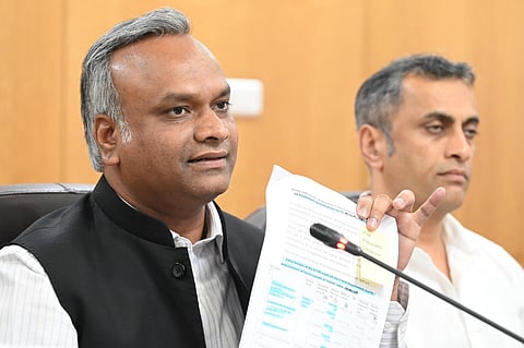 FILE - Priyank Kharge addresses a press conference at Vidhana Soudha. (Photo | Nagaraja Gadekal, EPS)