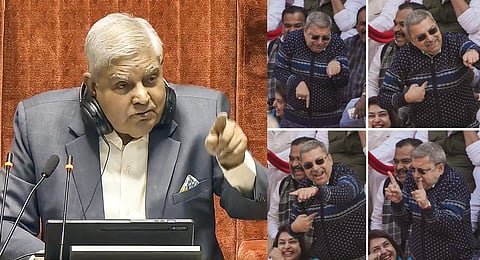 TMC's Kalyan Banerjee mimicked Rajya Sabha Chairman Jagdeep Dhankhar during a protest along with other suspended MPs during the Winter session of Parliament, in New Delhi, Dec. 19, 2023. (PTI)