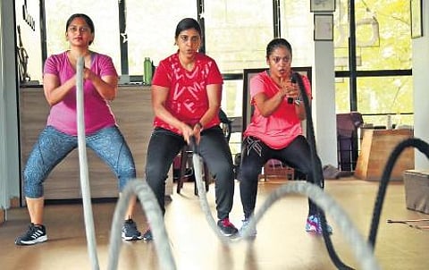 Women working out at Bounce Fitness Studio in Panampilly Nagar. (Photo | T P Sooraj, EPS)