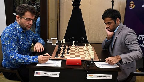 Levon Aronian (left) in action against Arjun Erigaisi in the ongoing Chennai Grand Masters on Tuesday | D Sampathkumar