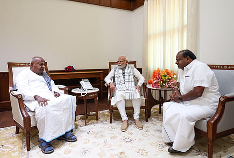JDS Supremo HD Devegowda meet PM Modi along with sons HD Kumaraswamy. HD Revanna and grand son Prajwal Revanna in New Delhi on Thursday.