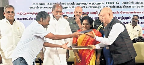 Puducherry Lieutenant Governor Dr Tamilisai Soundararajan and Chief Minister N Rangasamy at an MoU sigining function on Wednesday | Sriram R